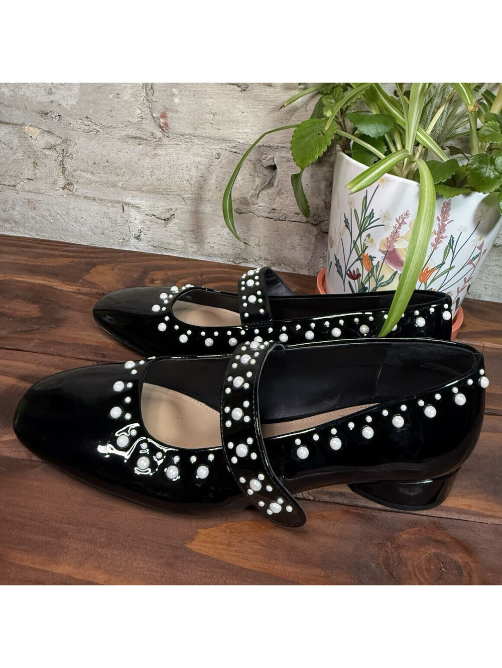 Copper Key Women’s Black Patent Leather Pearl Mary Jane Square Toe Heels 8.5